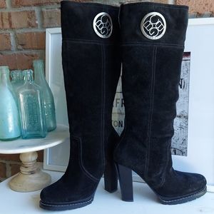 BCBG suede black boots silver logo